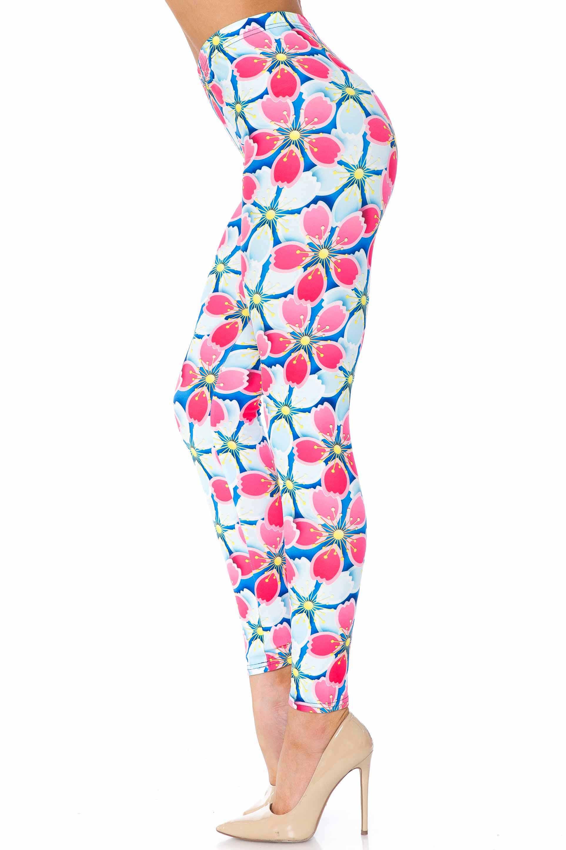 Wholesale Creamy Soft Pink and Blue Sunshine Floral Extra Plus Size Leggings - 3X-5X - USA Fashion