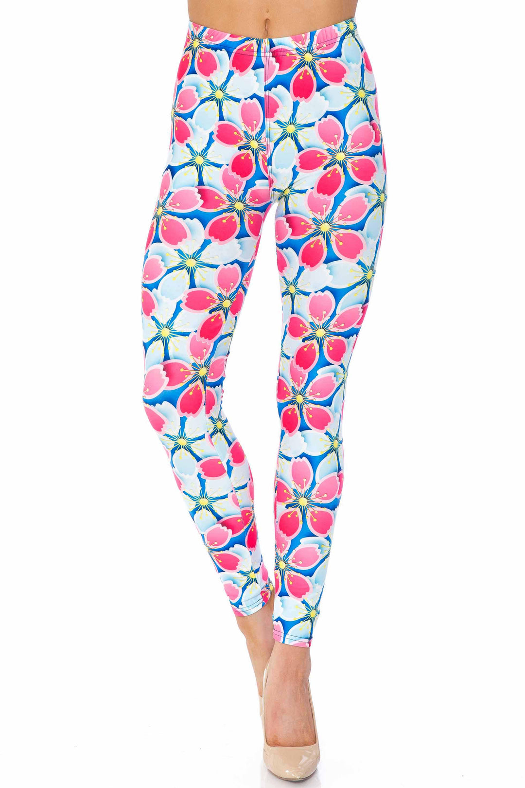 Wholesale Creamy Soft Pink and Blue Sunshine Floral Extra Plus Size Leggings - 3X-5X - USA Fashion