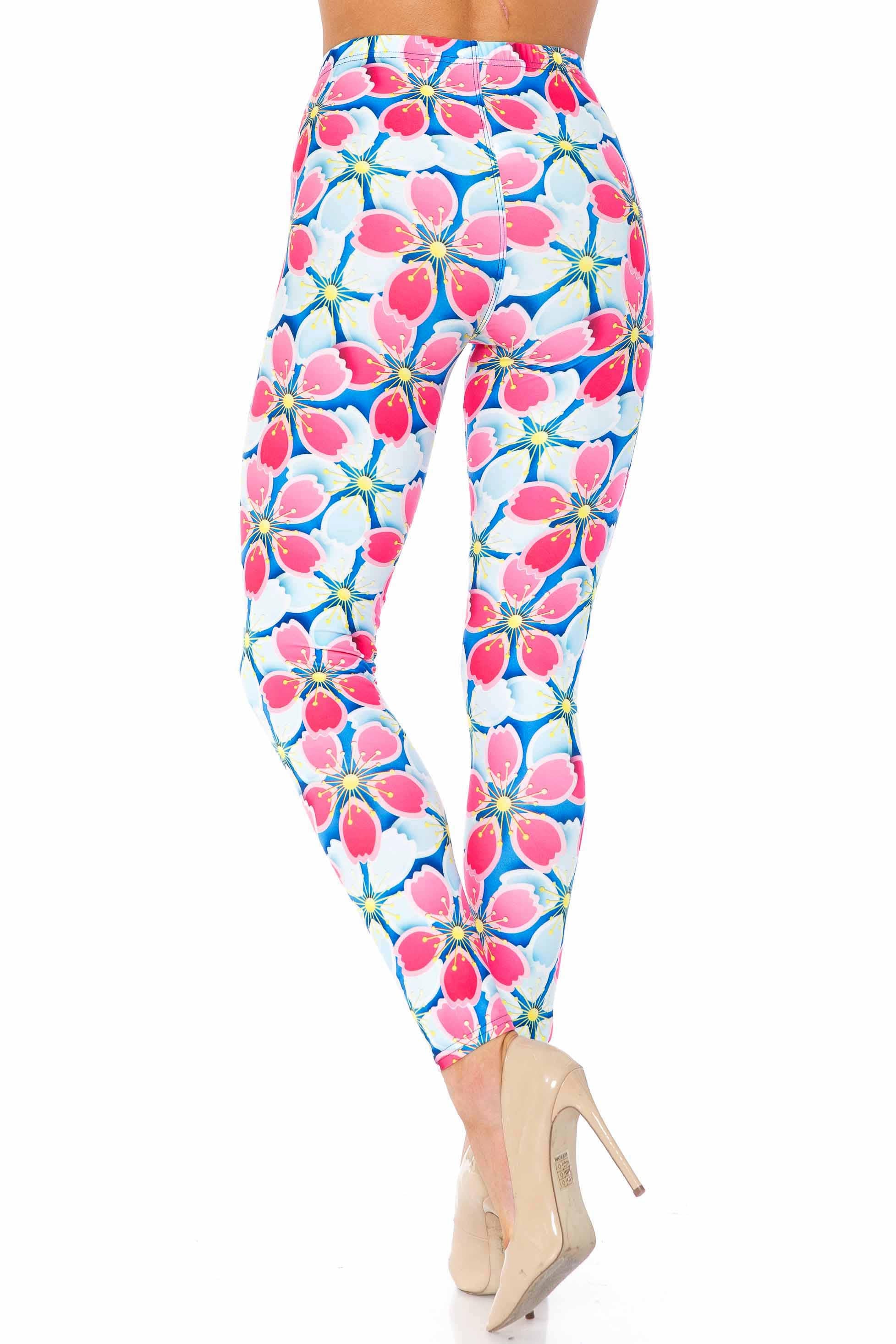 Wholesale Creamy Soft Pink and Blue Sunshine Floral Extra Plus Size Leggings - 3X-5X - USA Fashion