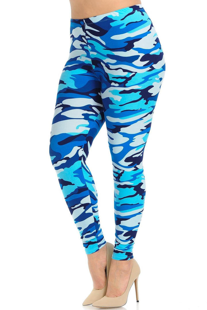 Wholesale Buttery Smooth Blue Camouflage Extra Plus Size Leggings - 3X-5X - EEVEE