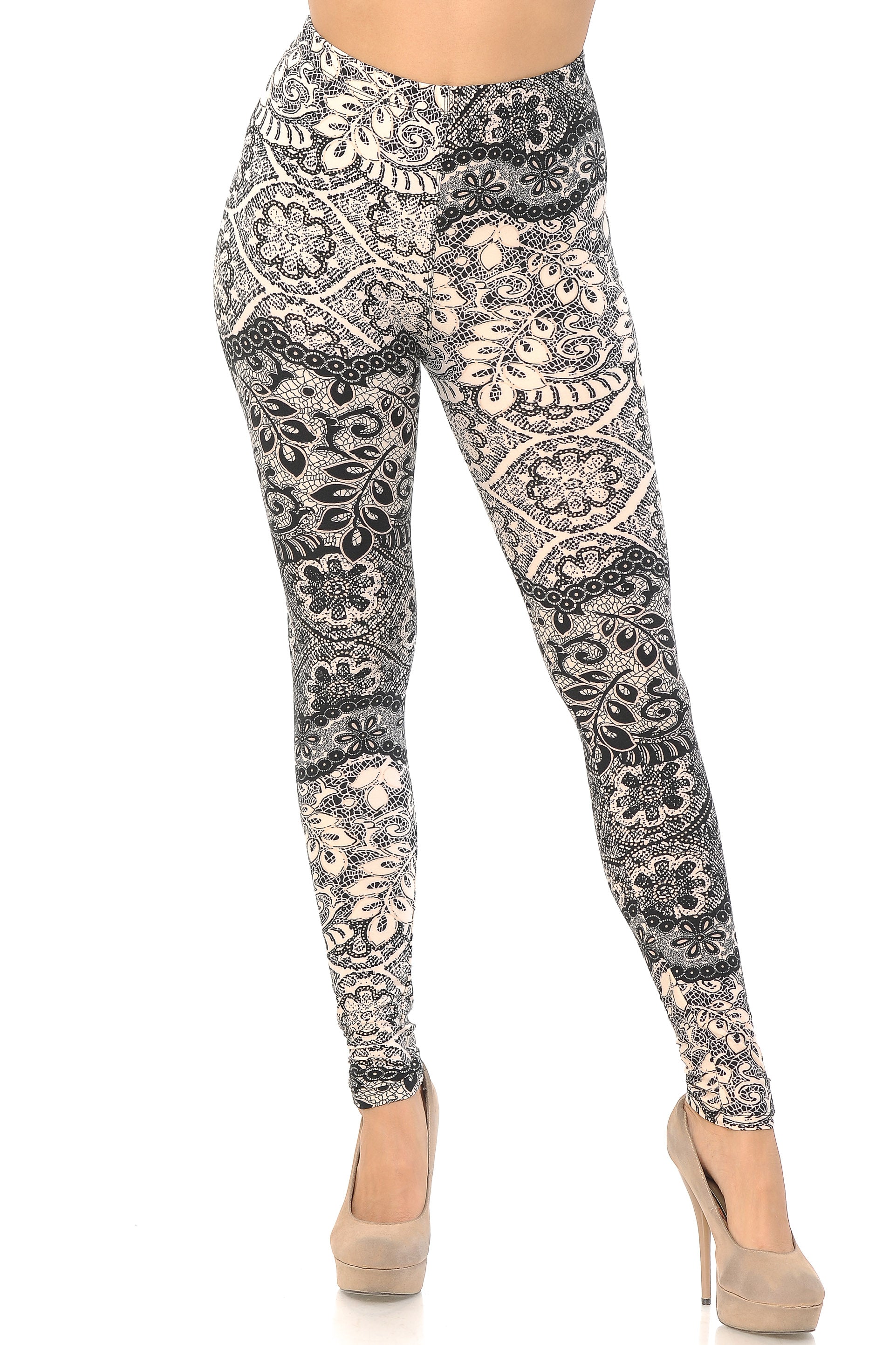 Wholesale Buttery Smooth Cream Leaf Extra Plus Size Leggings - 3X-5X