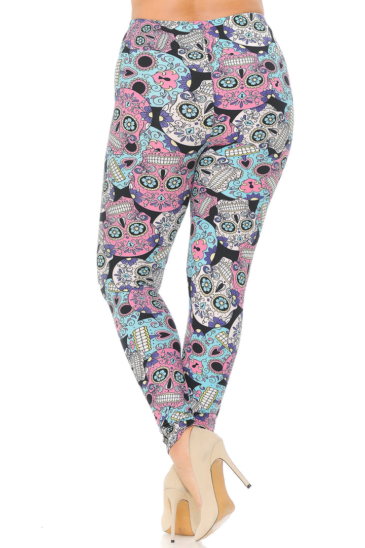 Wholesale Buttery Smooth Pastel Sugar Skull Extra Plus Size Leggings - 3X-5X