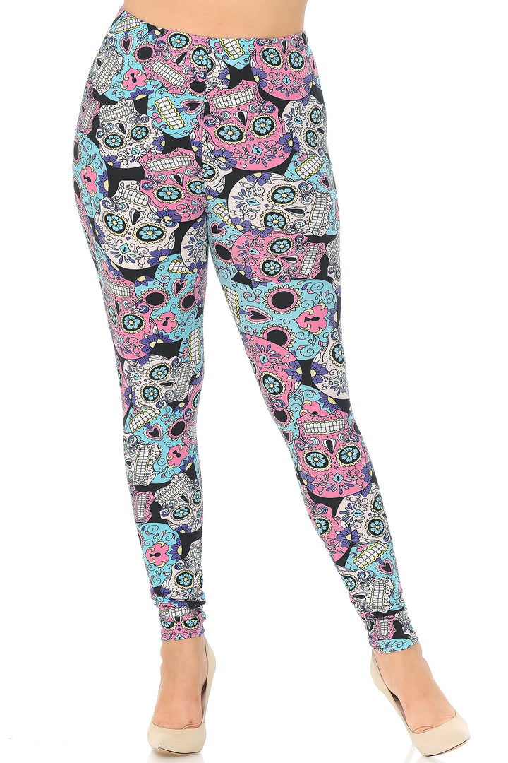 Wholesale Buttery Smooth Pastel Sugar Skull Extra Plus Size Leggings - 3X-5X