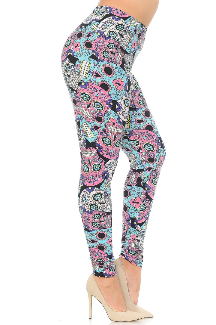 Wholesale Buttery Smooth Pastel Sugar Skull Extra Plus Size Leggings - 3X-5X