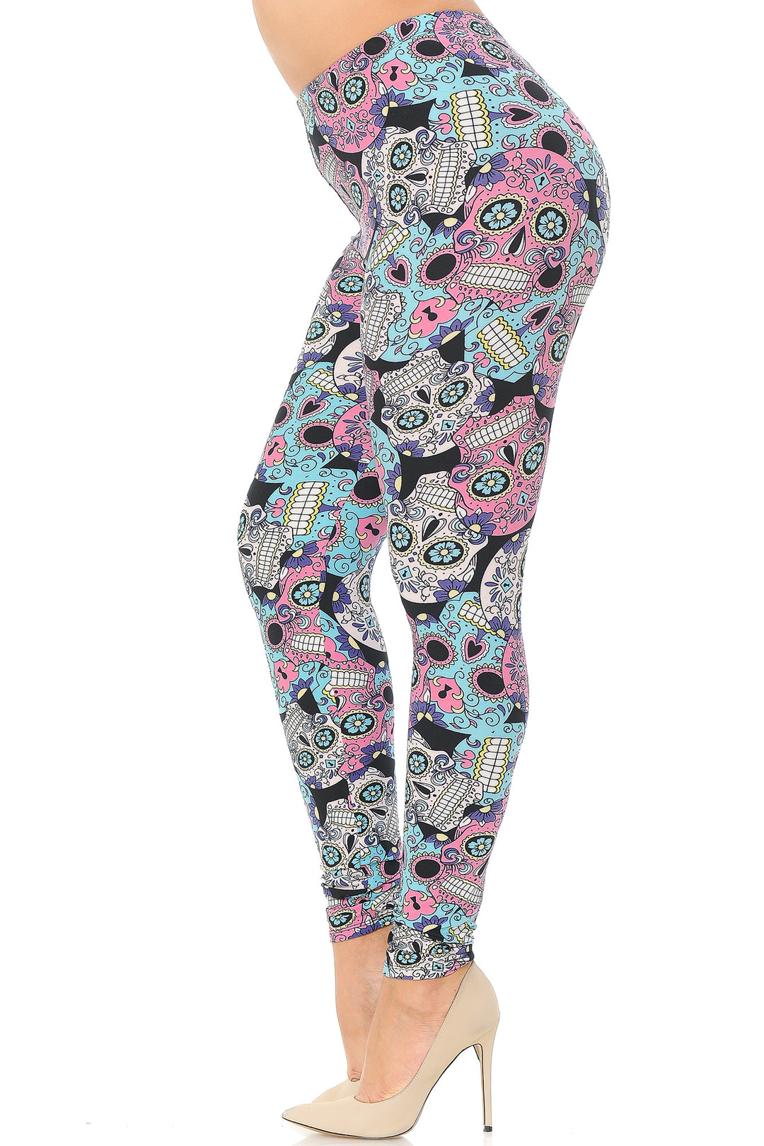 Wholesale Buttery Smooth Pastel Sugar Skull Extra Plus Size Leggings - 3X-5X