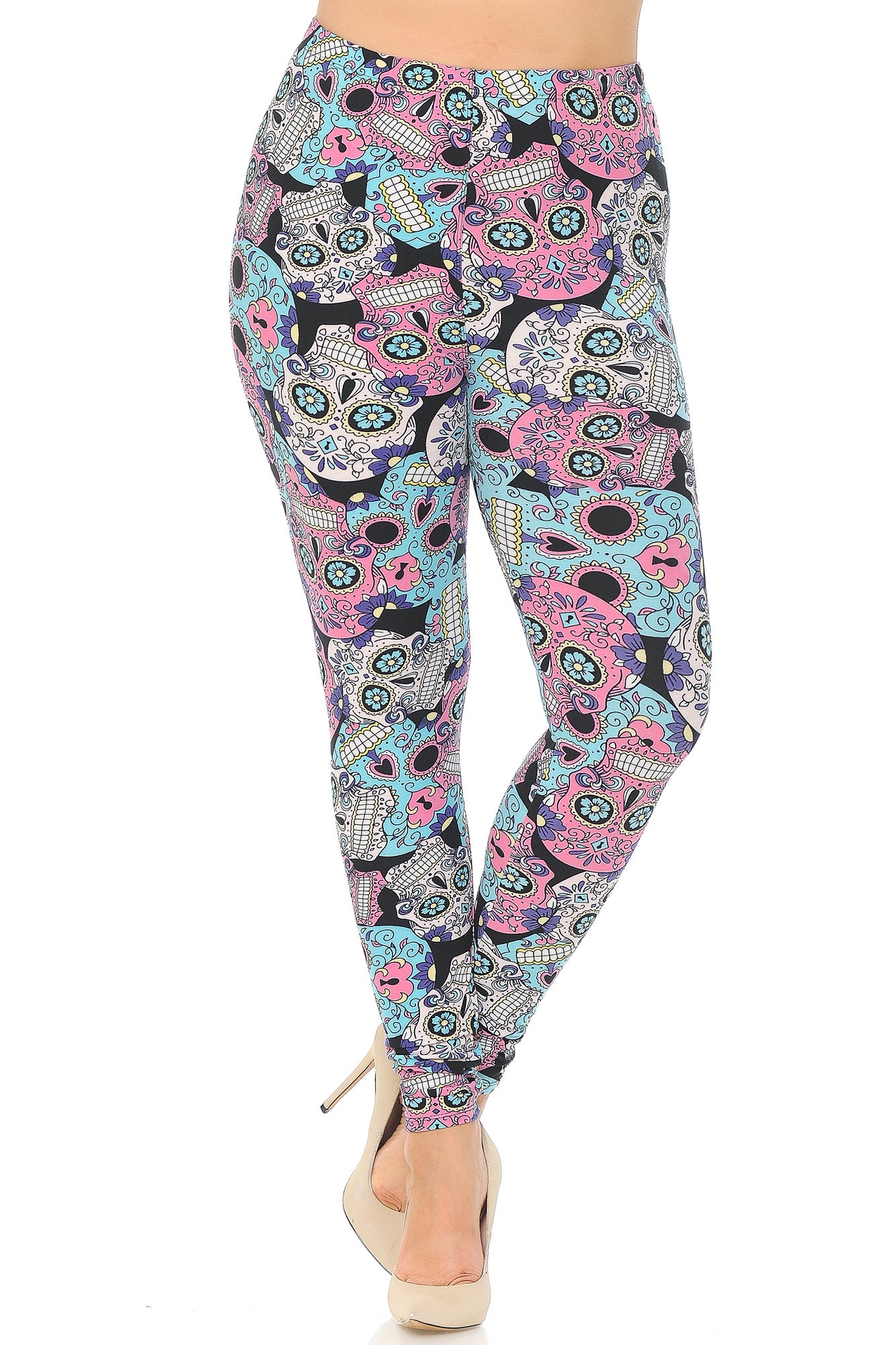 Wholesale Buttery Smooth Pastel Sugar Skull Extra Plus Size Leggings - 3X-5X
