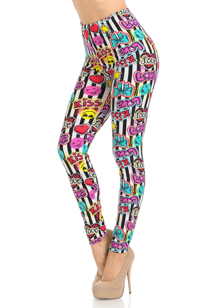 Wholesale Buttery Smooth Stripes Love and Kisses Extra Plus Size Leggings - 3X-5X