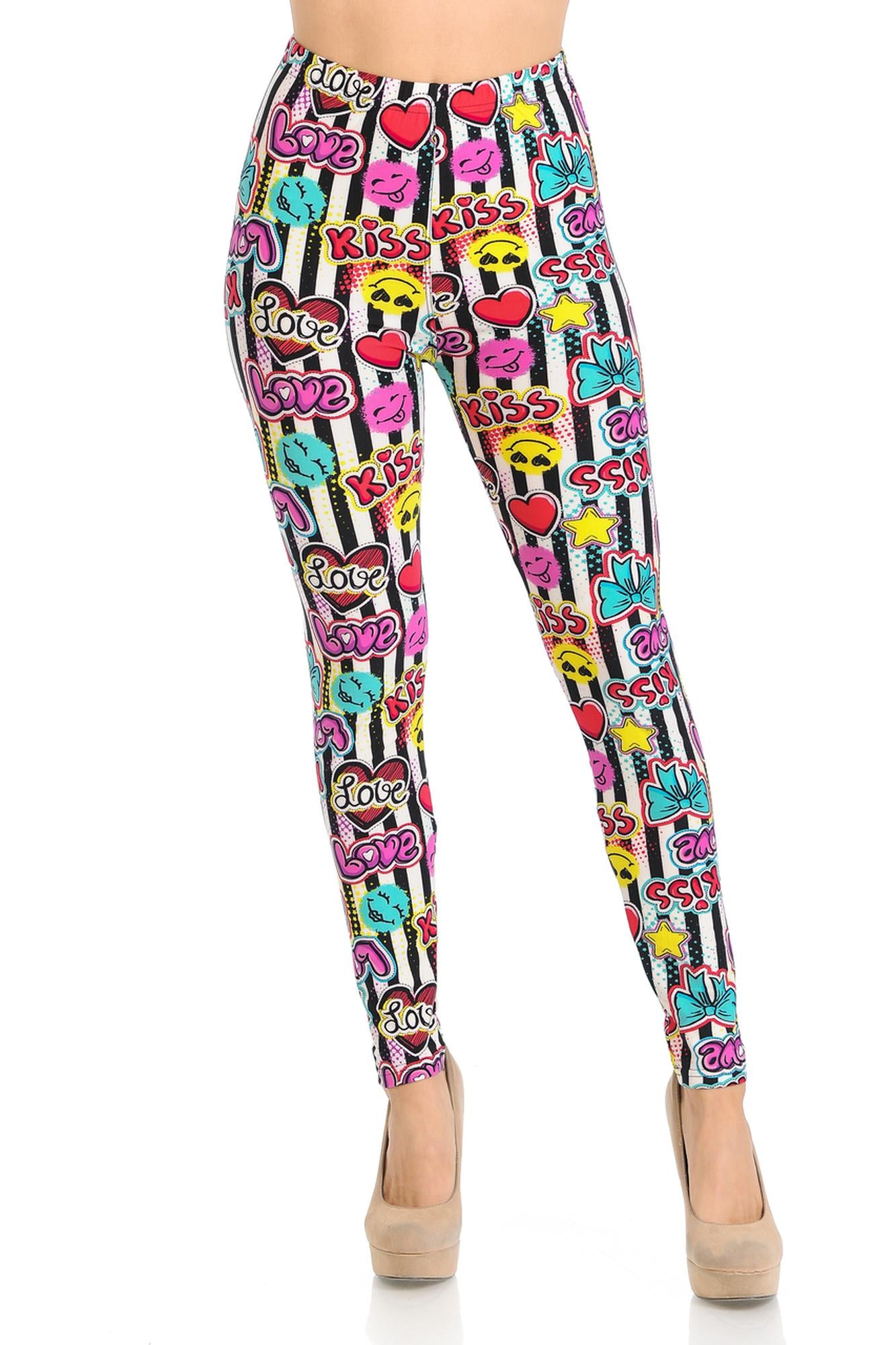 Wholesale Buttery Smooth Stripes Love and Kisses Extra Plus Size Leggings - 3X-5X