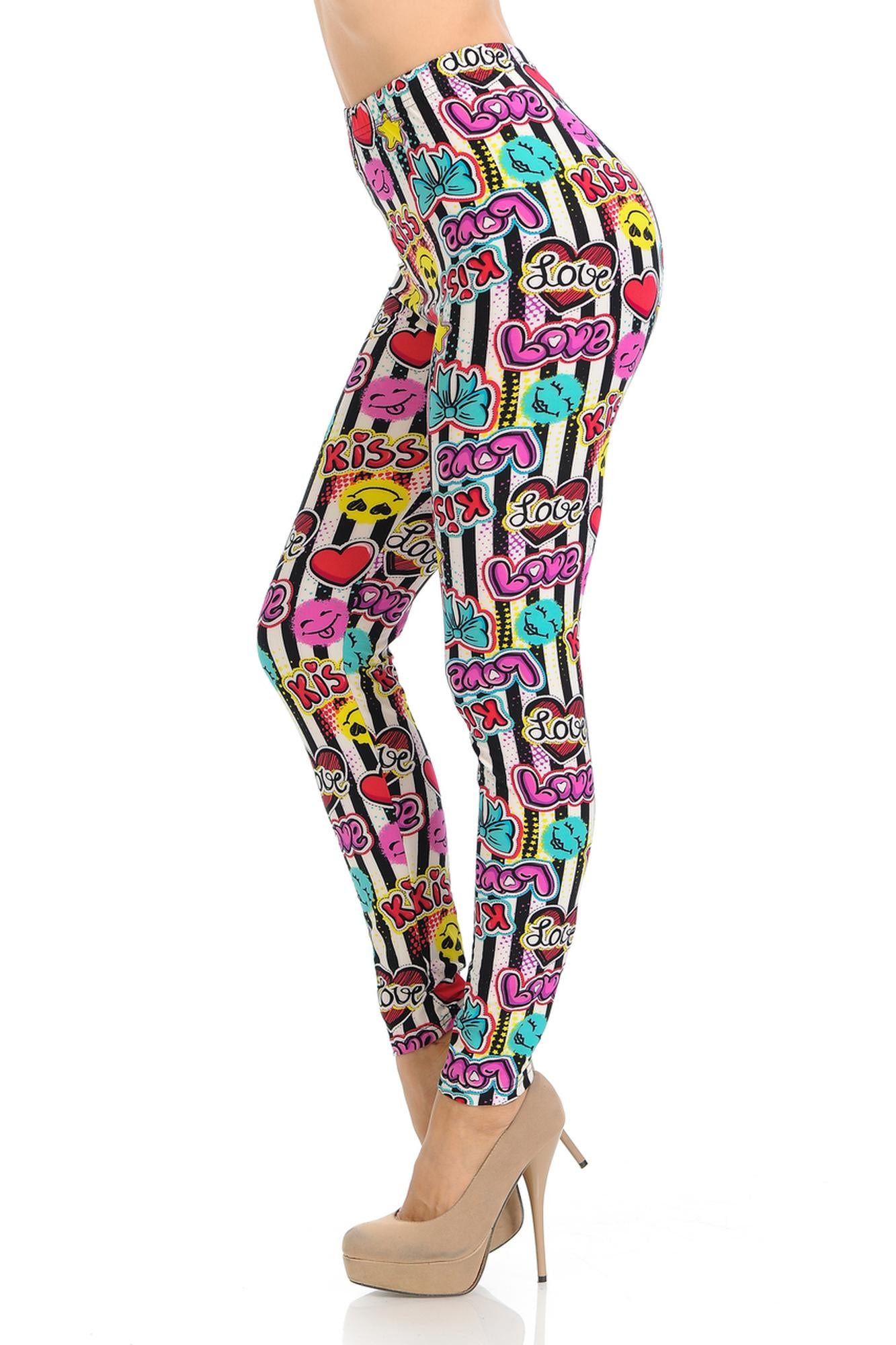 Wholesale Buttery Smooth Stripes Love and Kisses Extra Plus Size Leggings - 3X-5X