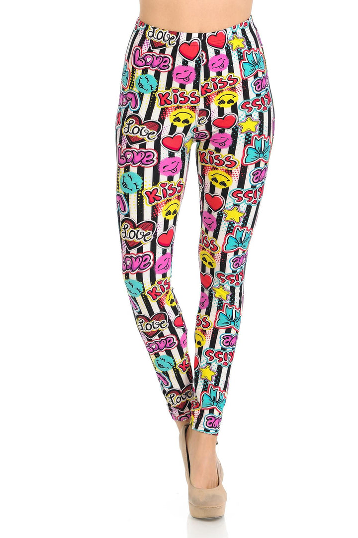 Wholesale Buttery Smooth Stripes Love and Kisses Extra Plus Size Leggings - 3X-5X