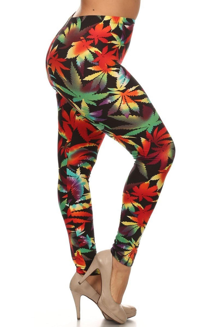 Wholesale Buttery Smooth Rainbow Marijuana Extra Plus Size Leggings - 3X-5X