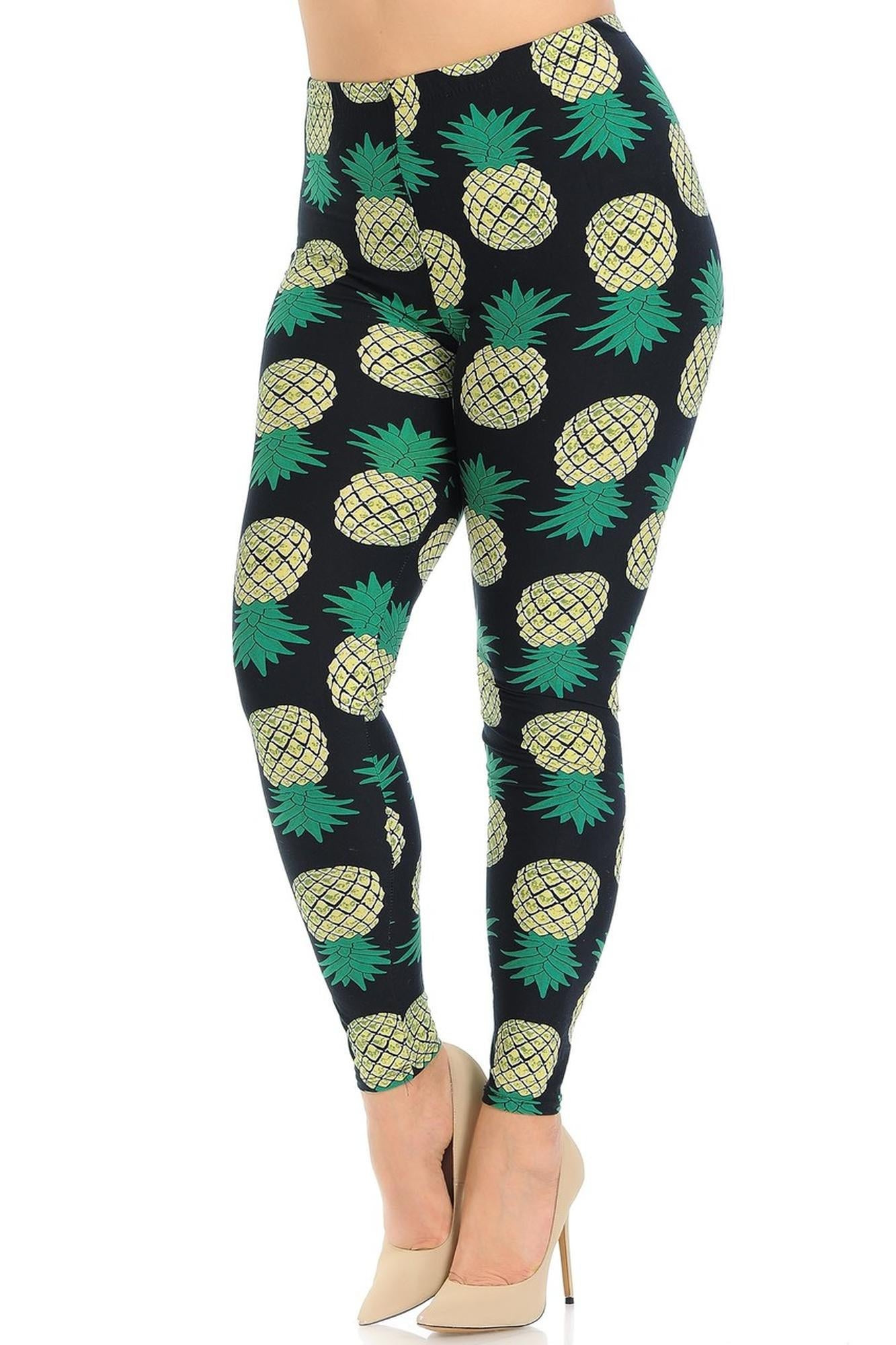 Wholesale Buttery Smooth Green Pineapple Plus Size Leggings - 3X-5X