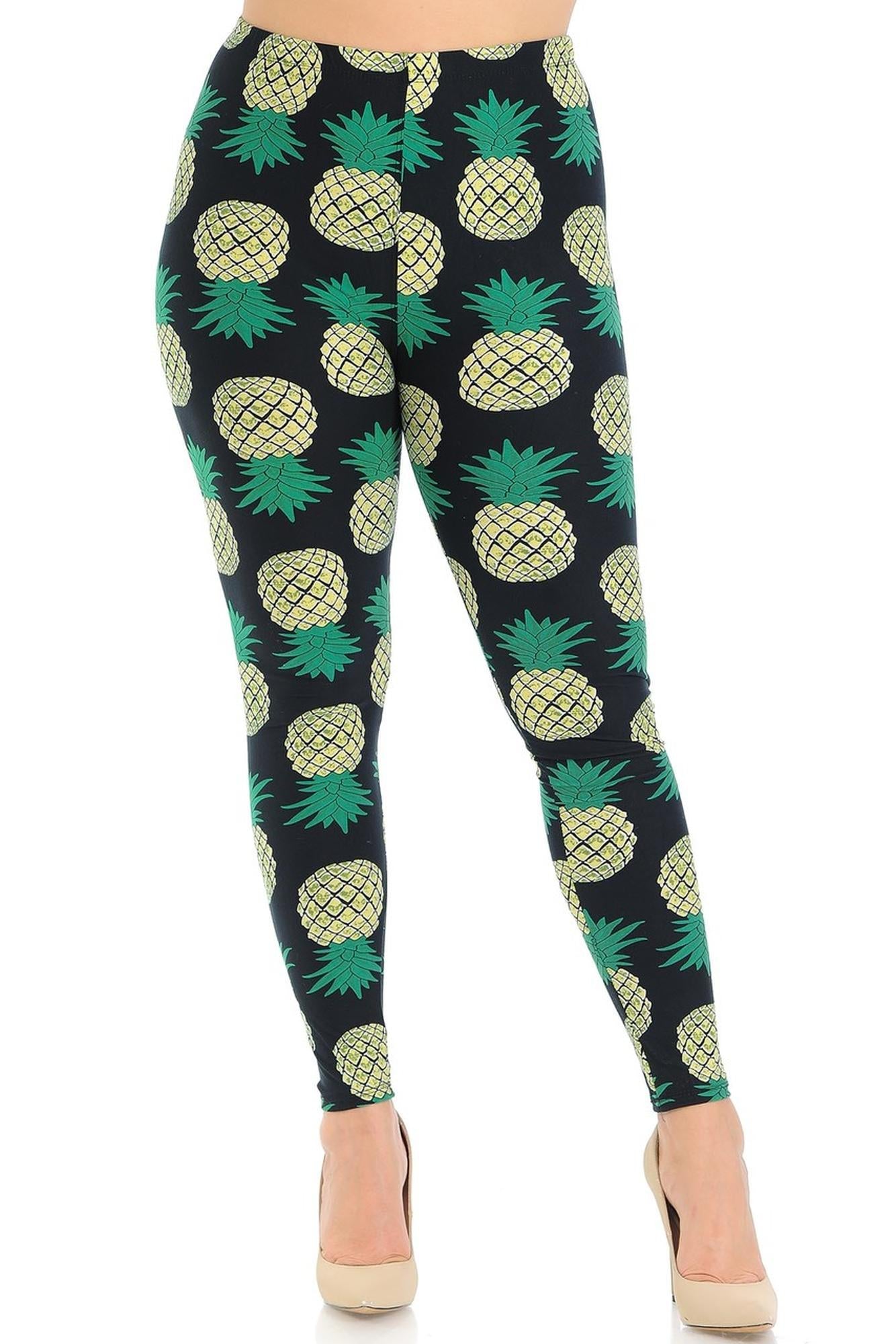 Wholesale Buttery Smooth Green Pineapple Plus Size Leggings - 3X-5X