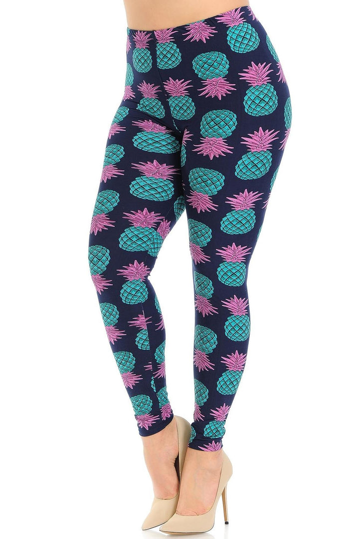 Wholesale Buttery Smooth Teal Pineapple Plus Size Leggings - 3X-5X