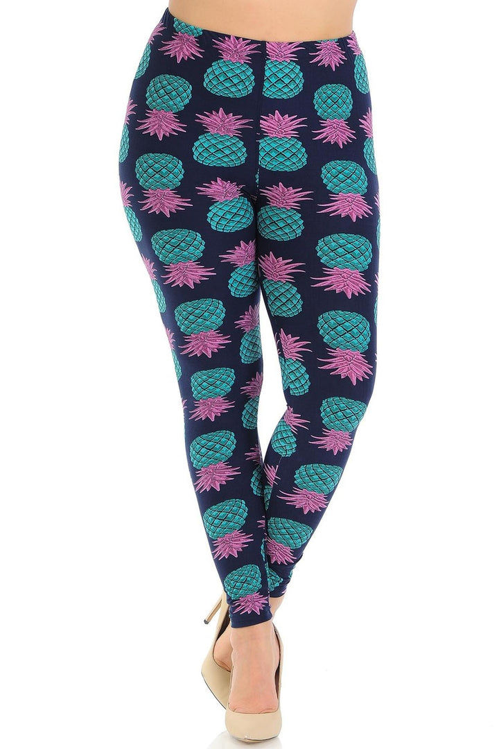 Wholesale Buttery Smooth Teal Pineapple Plus Size Leggings - 3X-5X