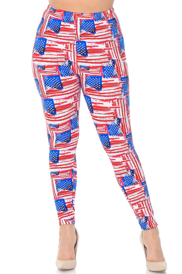 Wholesale Buttery Smooth Watercolor USA Flag Plus Size Leggings - 3X-5X