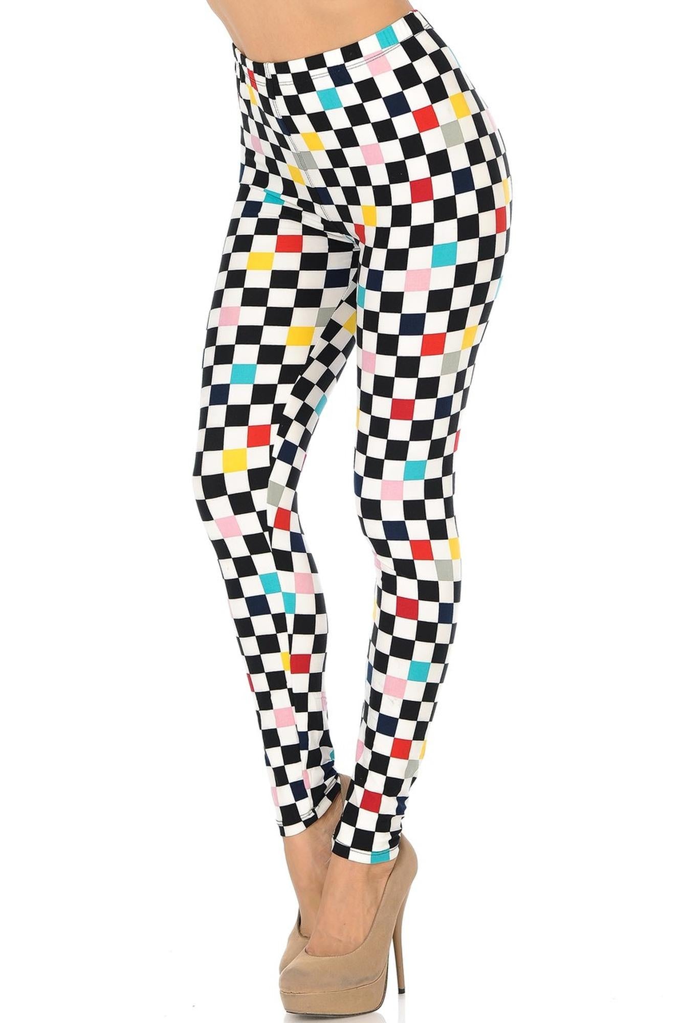 Wholesale Buttery Smooth Color Accent Checkered Plus Size Leggings - 3X-5X