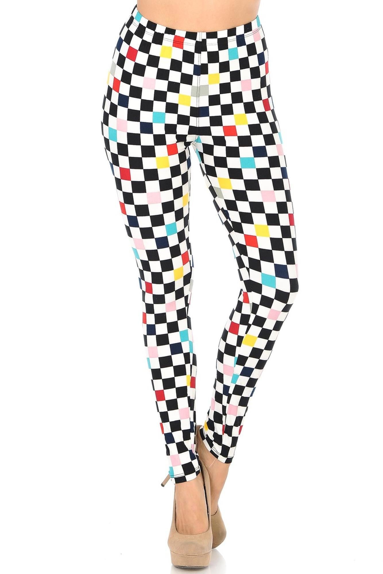 Wholesale Buttery Smooth Color Accent Checkered Plus Size Leggings - 3X-5X