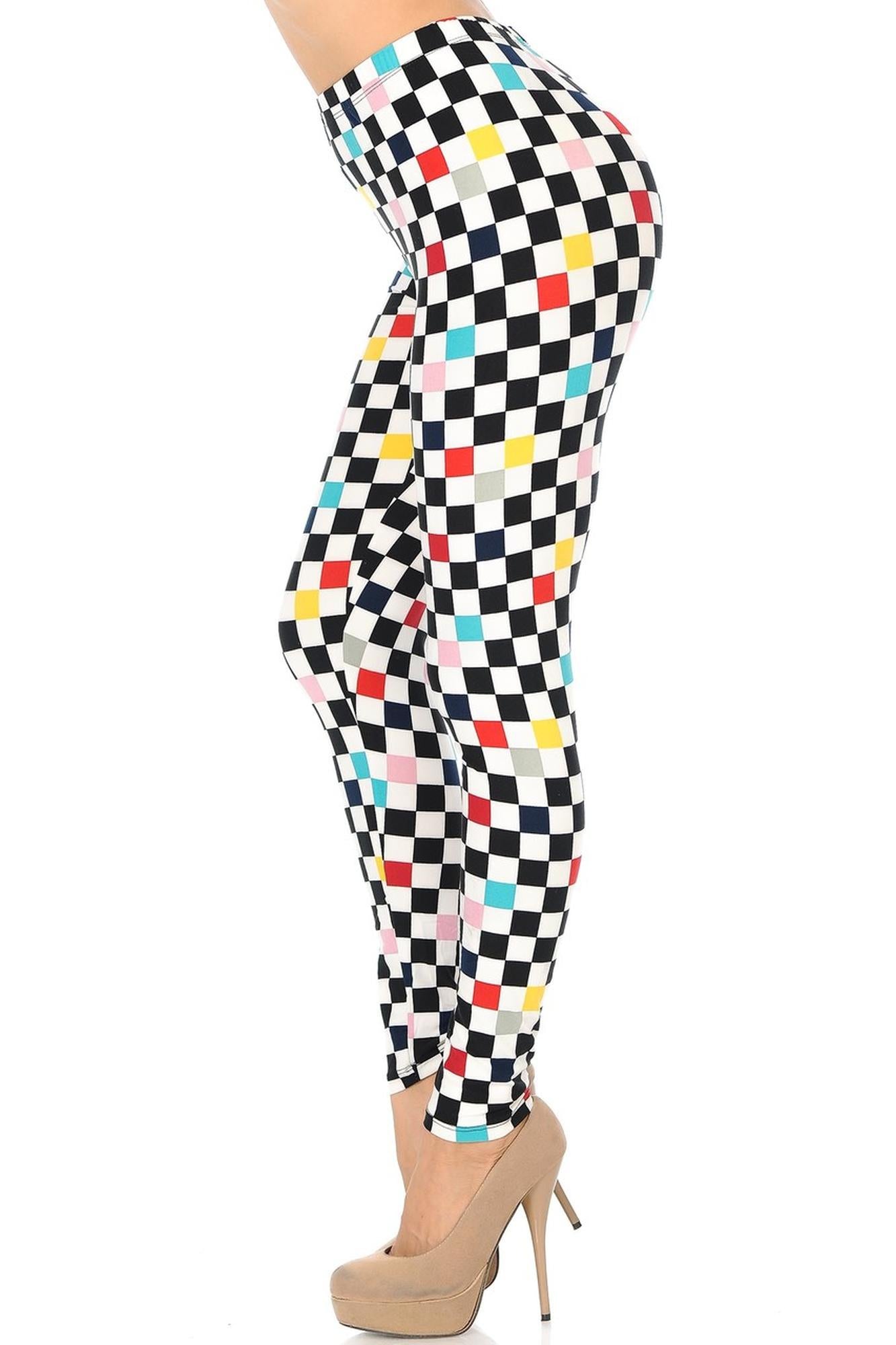 Wholesale Buttery Smooth Color Accent Checkered Plus Size Leggings - 3X-5X
