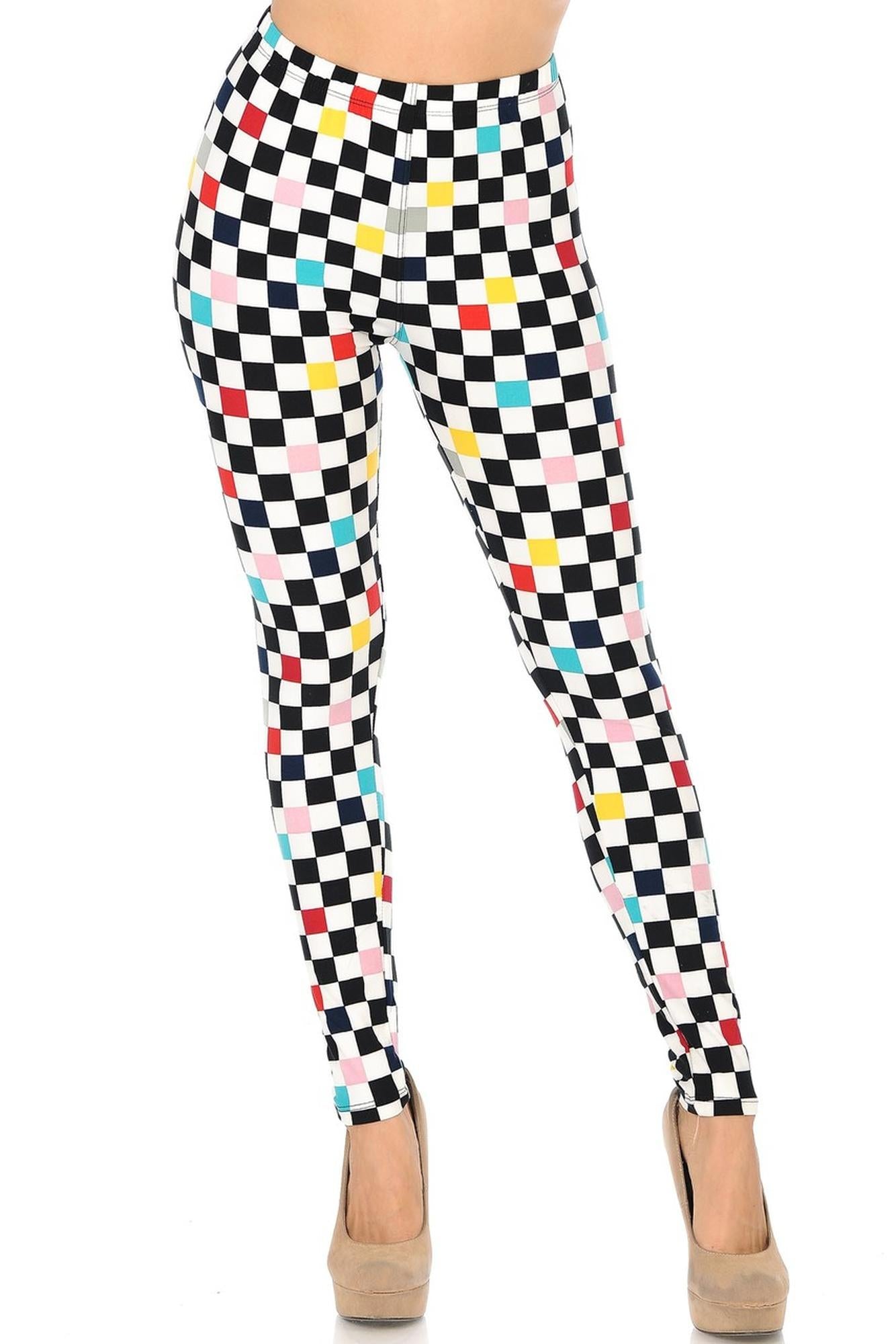 Wholesale Buttery Smooth Color Accent Checkered Plus Size Leggings - 3X-5X
