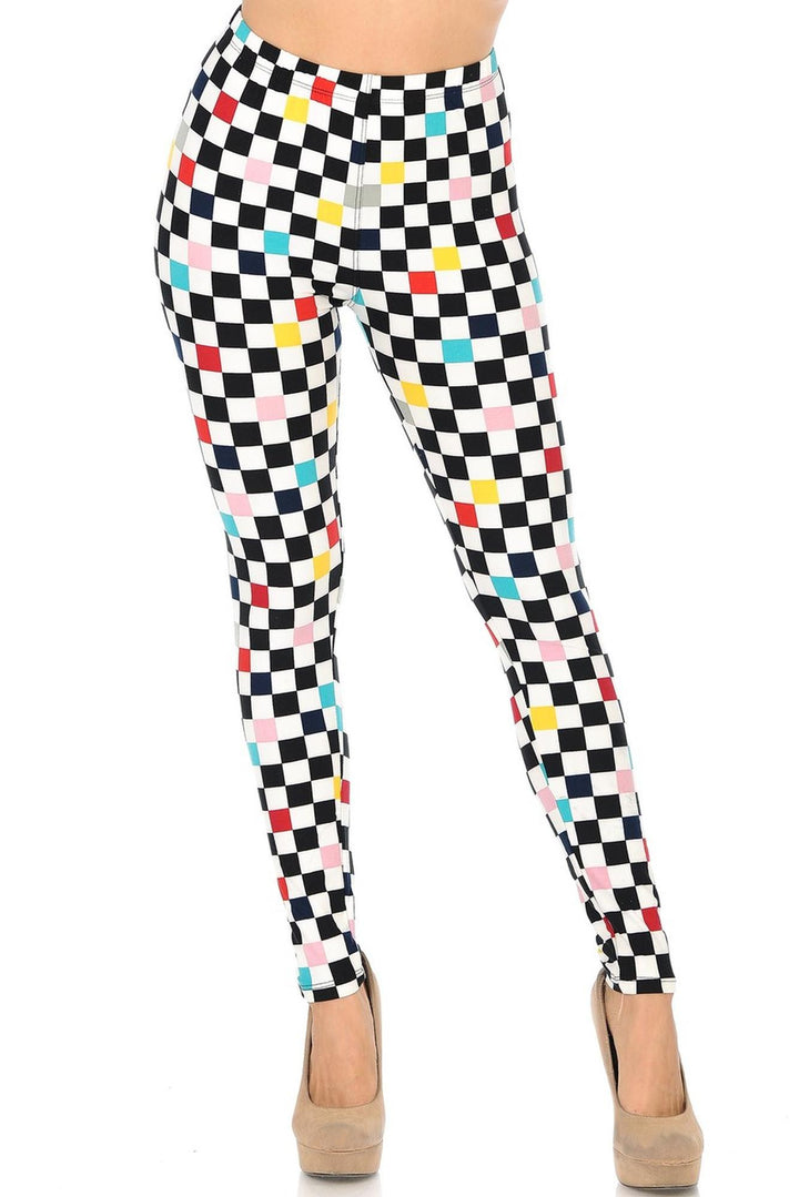 Wholesale Buttery Smooth Color Accent Checkered Plus Size Leggings - 3X-5X