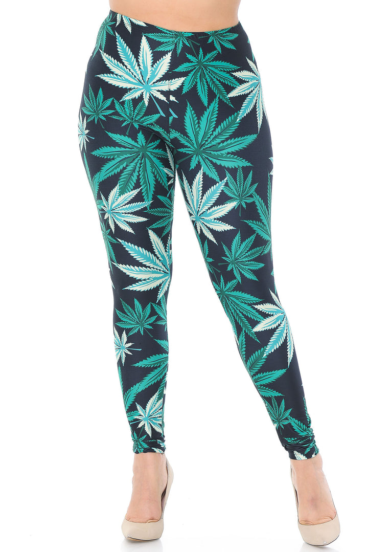 Wholesale Creamy Soft Black Weed Extra Plus Size Leggings - 3X-5X - USA Fashion