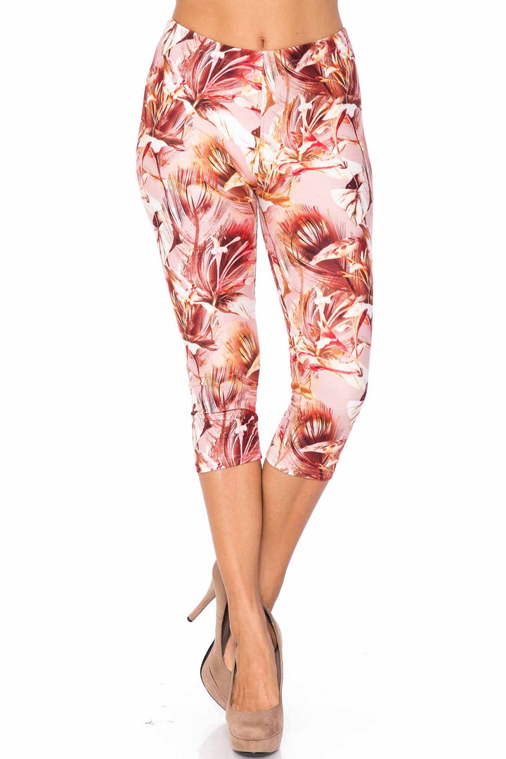 Wholesale Creamy Soft Mocha Floral Extra Plus Size Capris - 3X-5X - USA Fashion