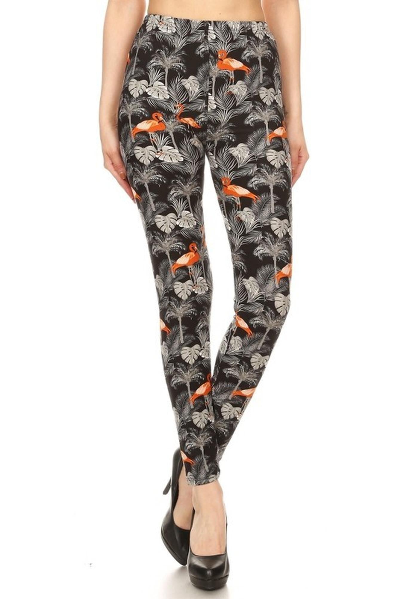 Wholesale Buttery Smooth Paradise Leaf Flamingo Extra Plus Size Leggings - 3X-5X