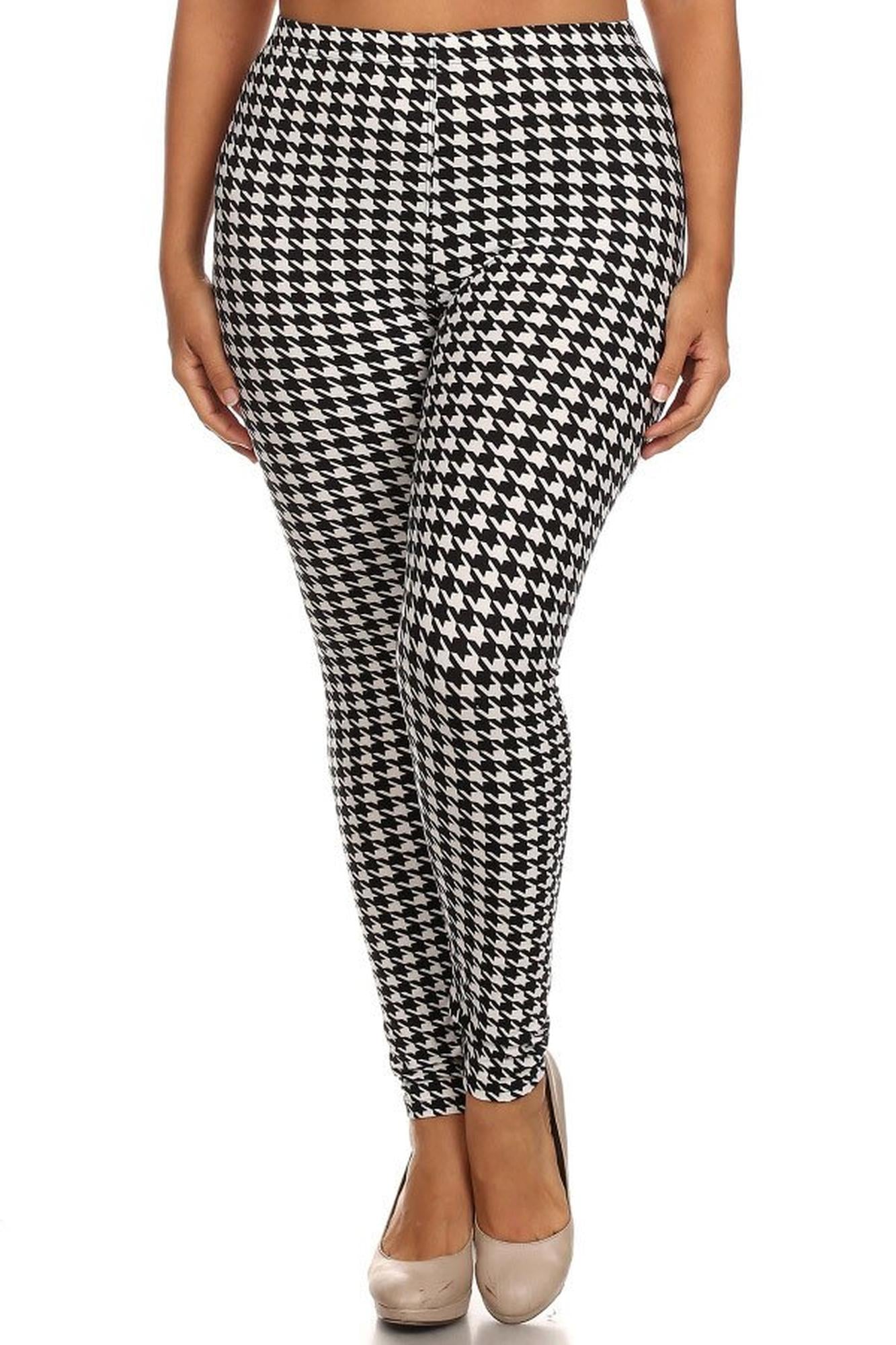 Wholesale Buttery Smooth Black and White Houndstooth Extra Plus Size Leggings - 3X-5X