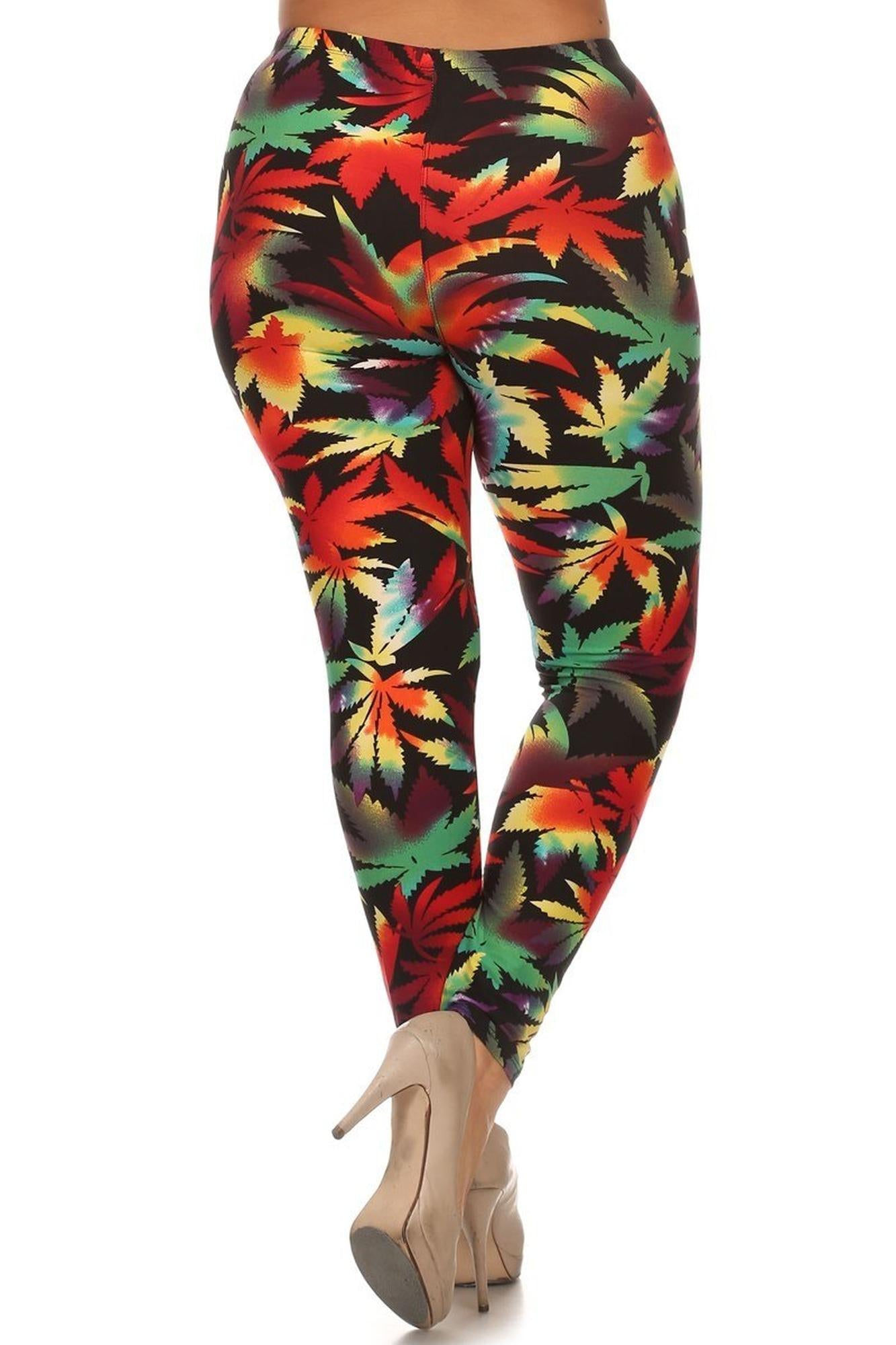 Wholesale Buttery Smooth Rainbow Marijuana Extra Plus Size Leggings - 3X-5X