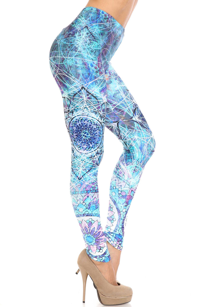 Wholesale Creamy Soft Cyan Mandala Extra Plus Size Leggings - 3X-5X - USA Fashion