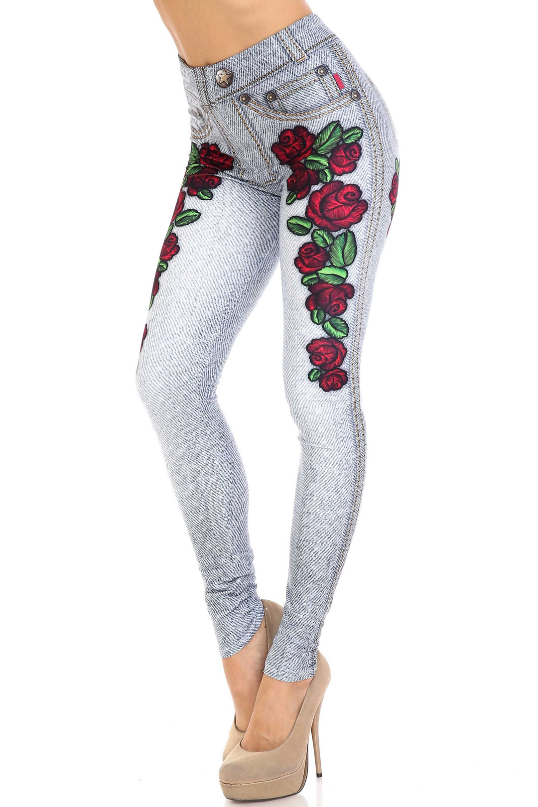 Wholesale Creamy Soft Light Blue Denim Rose Extra Plus Size Leggings - 3X-5X - By USA Fashion