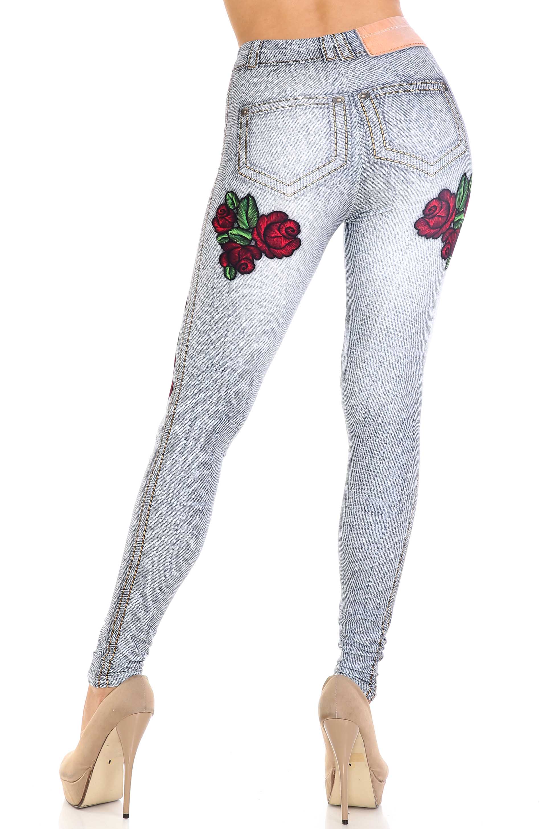 Wholesale Creamy Soft Light Blue Denim Rose Extra Plus Size Leggings - 3X-5X - By USA Fashion