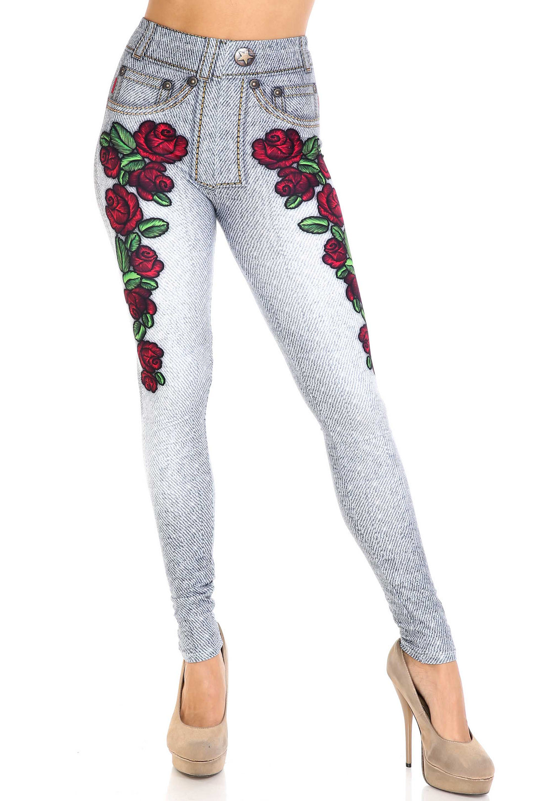 Wholesale Creamy Soft Light Blue Denim Rose Extra Plus Size Leggings - 3X-5X - By USA Fashion