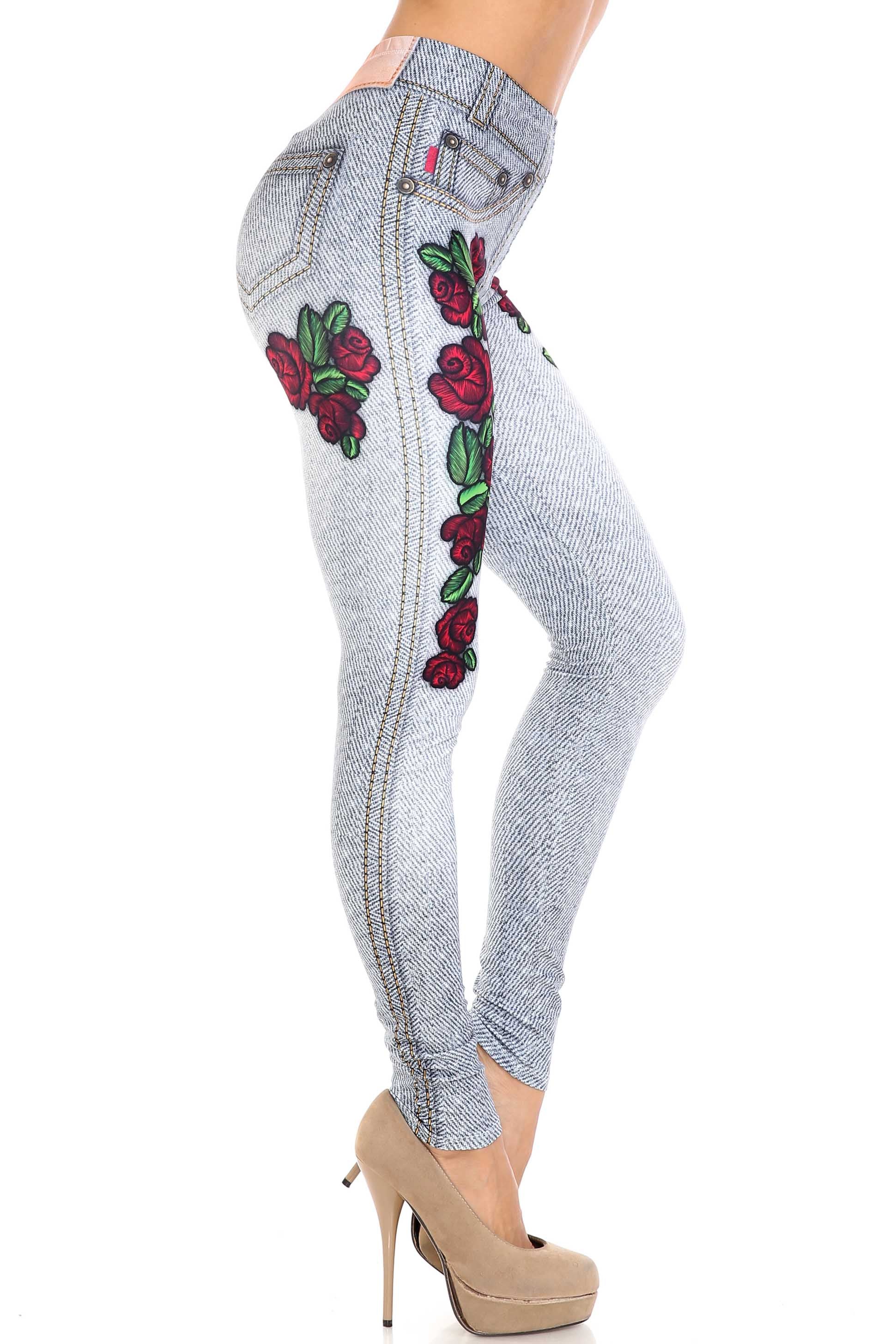 Wholesale Creamy Soft Light Blue Denim Rose Extra Plus Size Leggings - 3X-5X - By USA Fashion