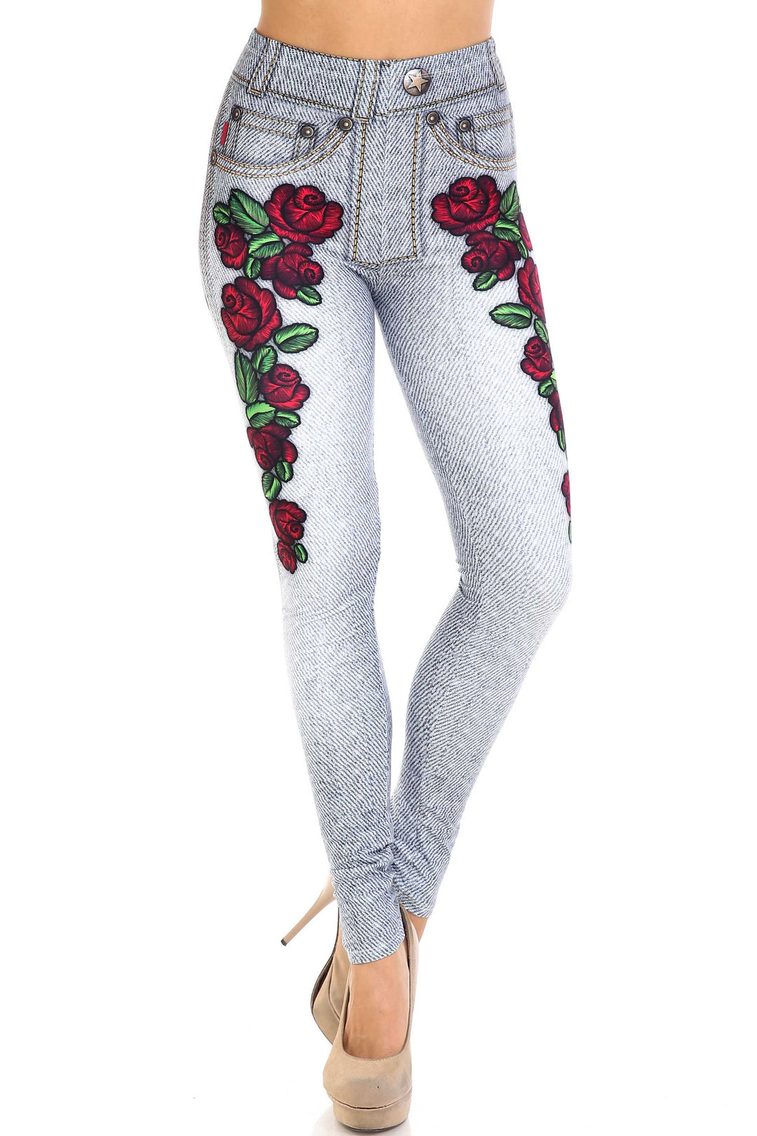 Wholesale Creamy Soft Light Blue Denim Rose Extra Plus Size Leggings - 3X-5X - By USA Fashion