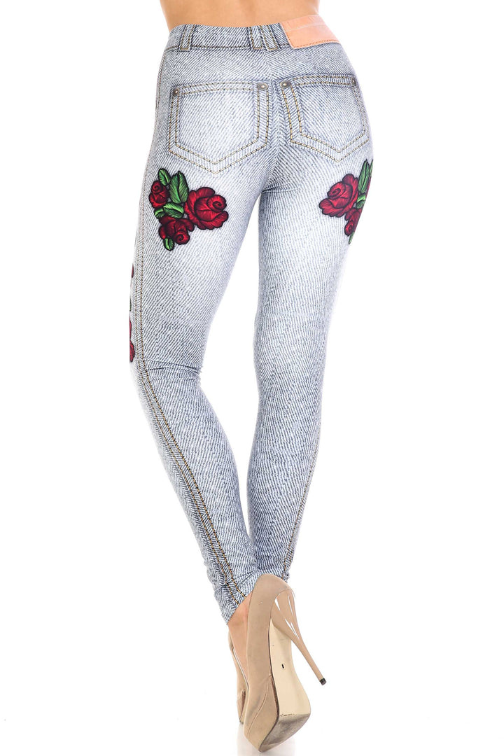 Wholesale Creamy Soft Light Blue Denim Rose Extra Plus Size Leggings - 3X-5X - By USA Fashion