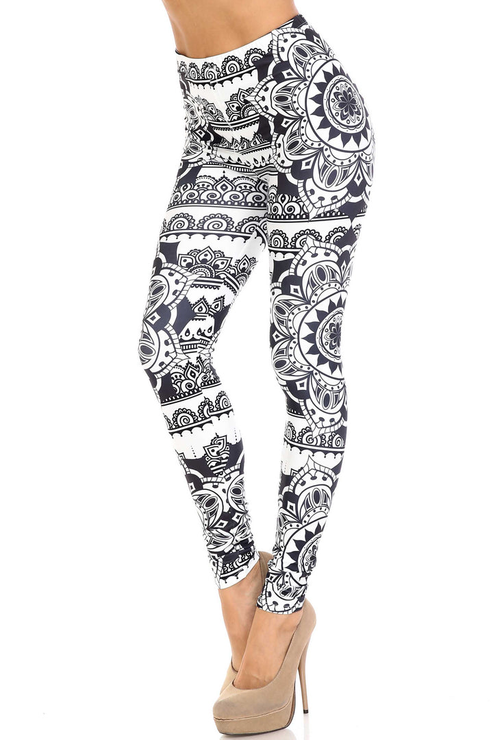Wholesale Creamy Soft Monochrome Mandala Extra Plus Size Leggings - 3X-5X - By USA Fashion