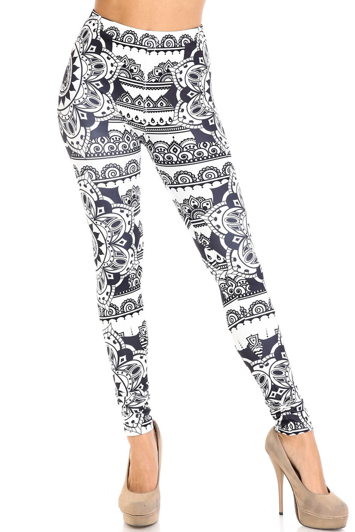 Wholesale Creamy Soft Monochrome Mandala Extra Plus Size Leggings - 3X-5X - By USA Fashion