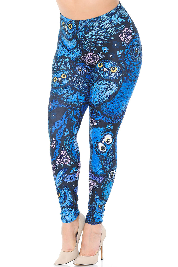 Wholesale Creamy Soft Blue Owl Collage Extra Plus Size Leggings - 3X-5X - USA Fashion
