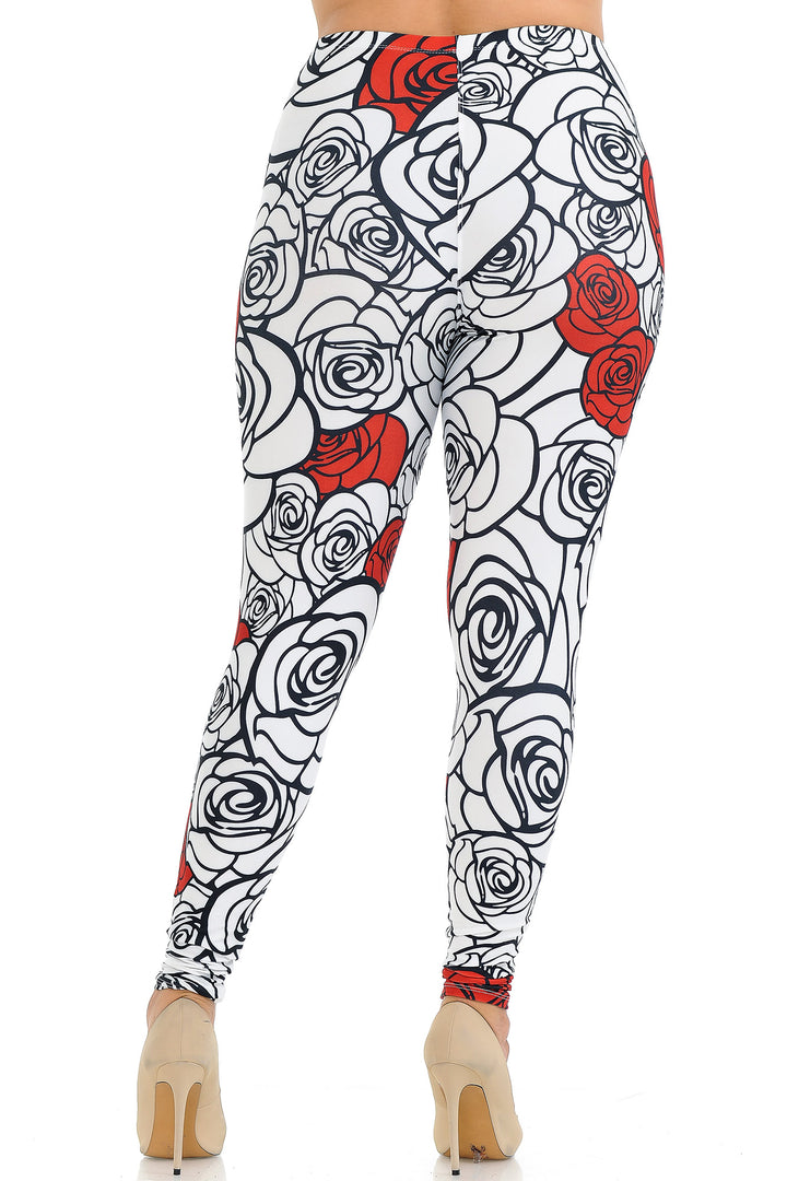 Wholesale Creamy Soft Red Stencil Roses Extra Plus Size Leggings - 3X-5X - USA Fashion