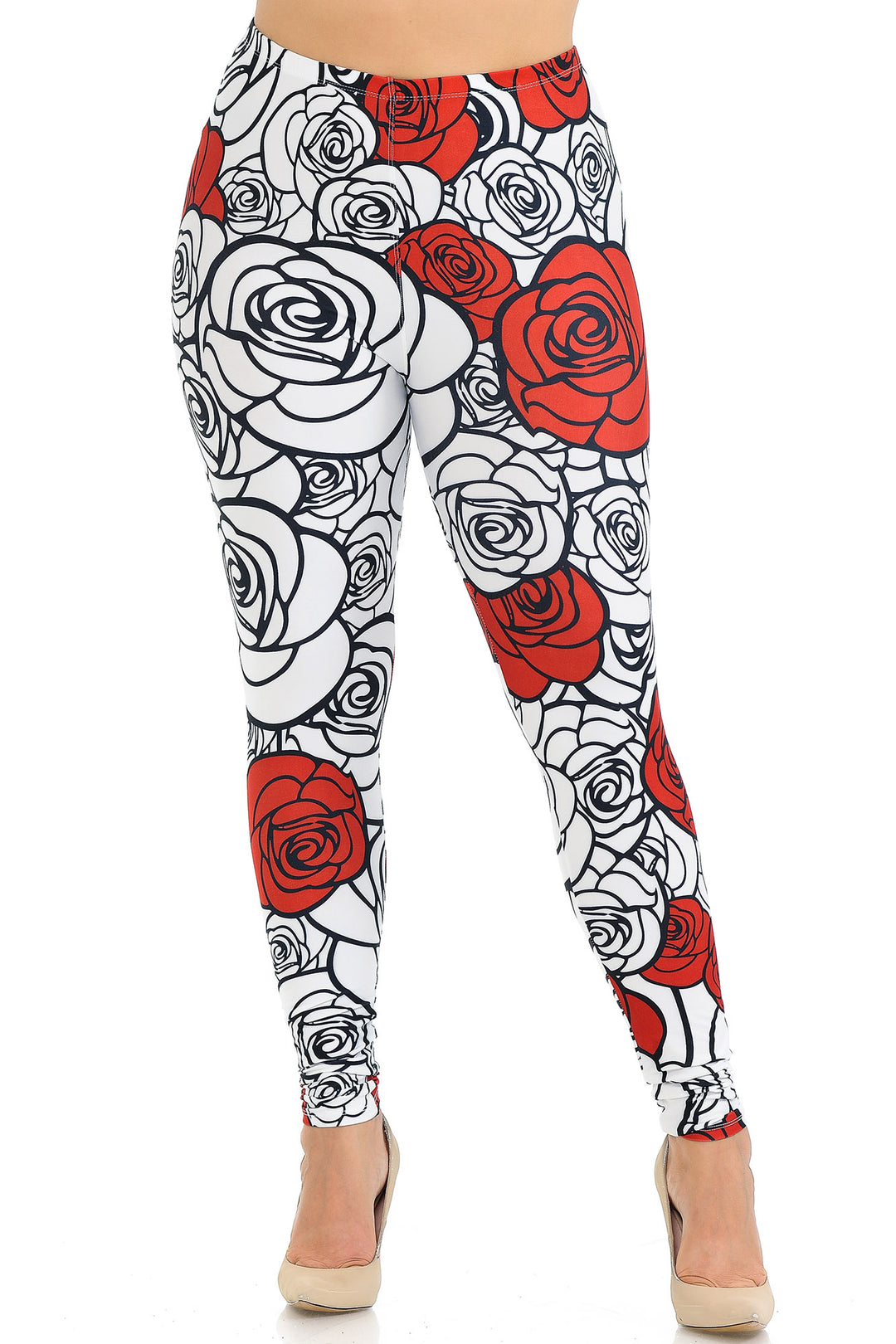 Wholesale Creamy Soft Red Stencil Roses Extra Plus Size Leggings - 3X-5X - USA Fashion