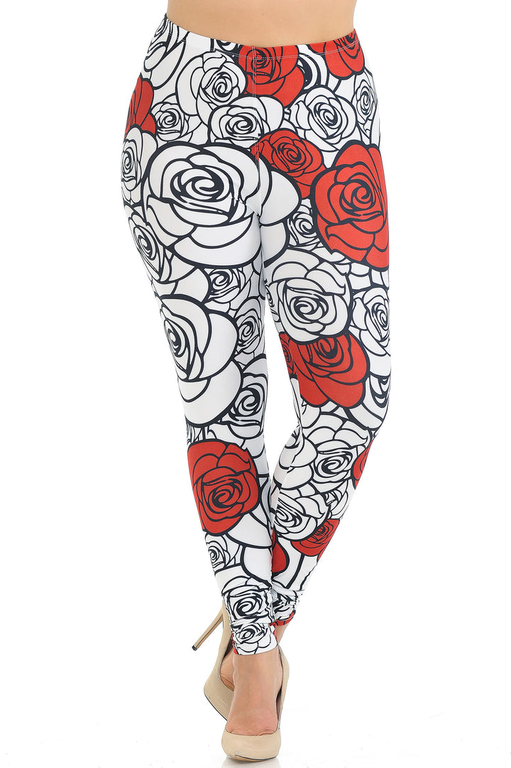 Wholesale Creamy Soft Red Stencil Roses Extra Plus Size Leggings - 3X-5X - USA Fashion