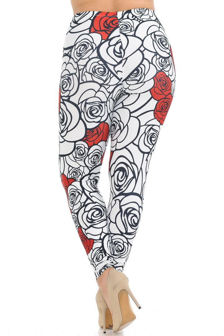 Wholesale Creamy Soft Red Stencil Roses Extra Plus Size Leggings - 3X-5X - USA Fashion