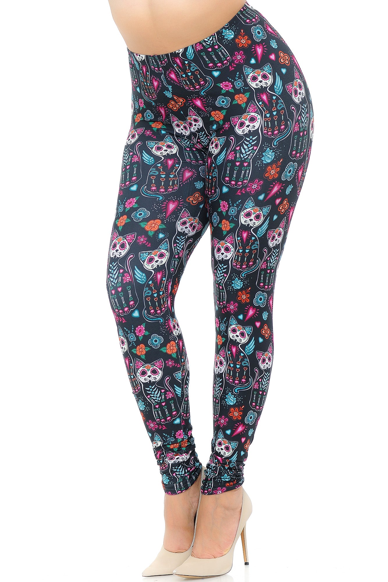 Wholesale Creamy Soft Sugar Skull Kitty Cats Extra Plus Size Leggings - 3X-5X - USA Fashion