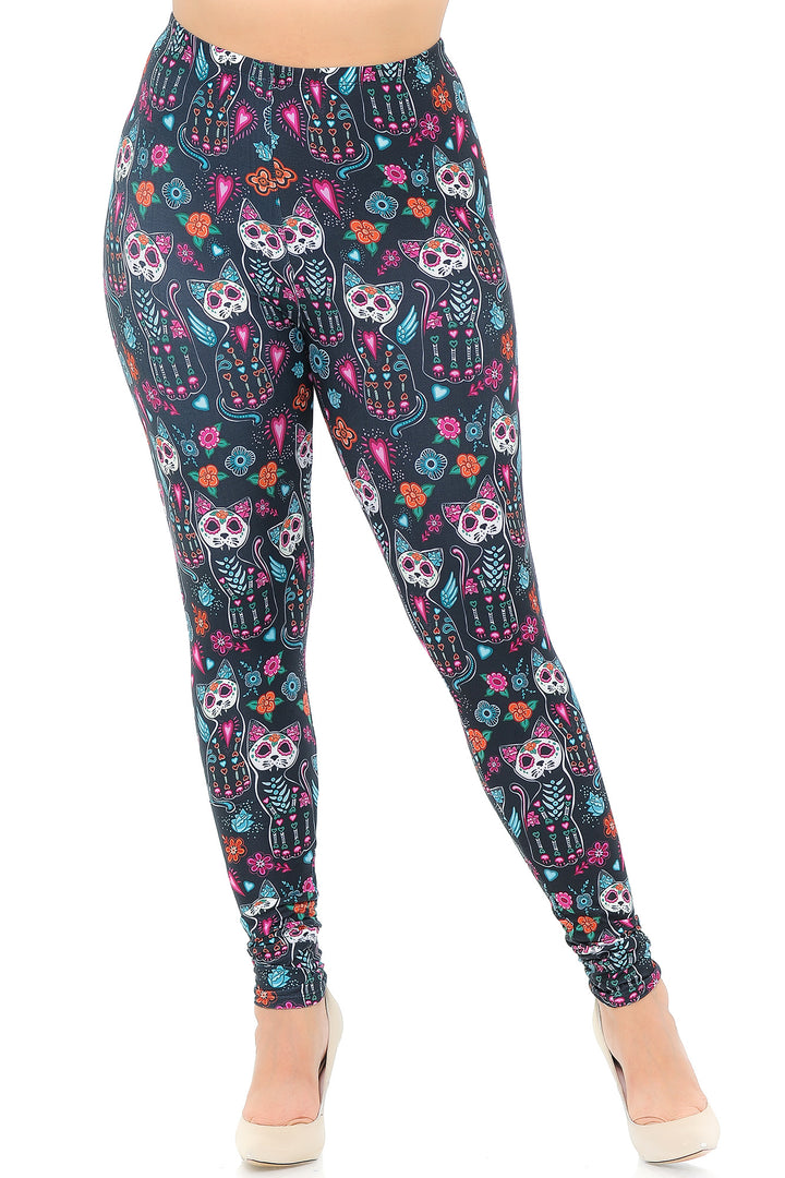 Wholesale Creamy Soft Sugar Skull Kitty Cats Extra Plus Size Leggings - 3X-5X - USA Fashion