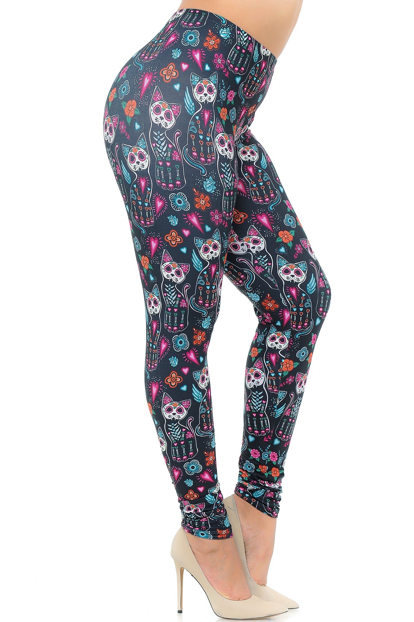Wholesale Creamy Soft Sugar Skull Kitty Cats Extra Plus Size Leggings - 3X-5X - USA Fashion