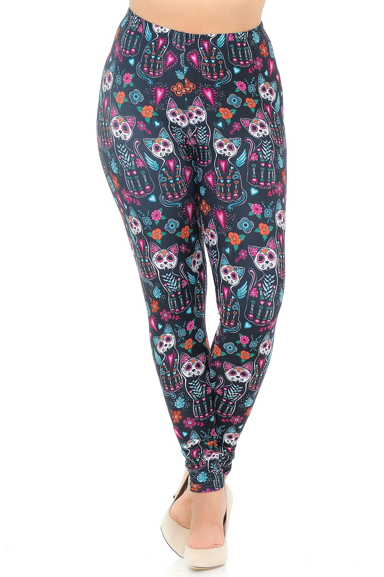 Wholesale Creamy Soft Sugar Skull Kitty Cats Extra Plus Size Leggings - 3X-5X - USA Fashion