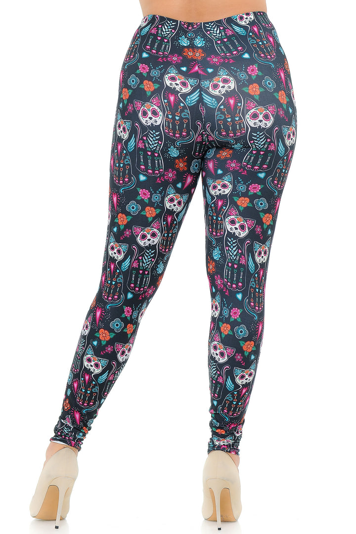 Wholesale Creamy Soft Sugar Skull Kitty Cats Extra Plus Size Leggings - 3X-5X - USA Fashion
