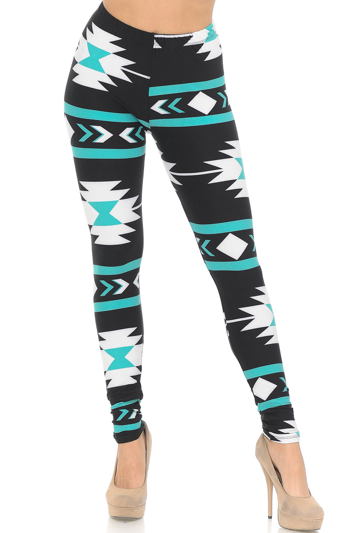 Wholesale Buttery Smooth Mint on Black Azteca Tribal Leggings